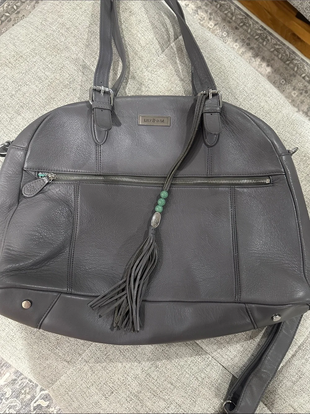Lily Jade Rosie Gray Leather Baby Bag Tote with Tassel Accent